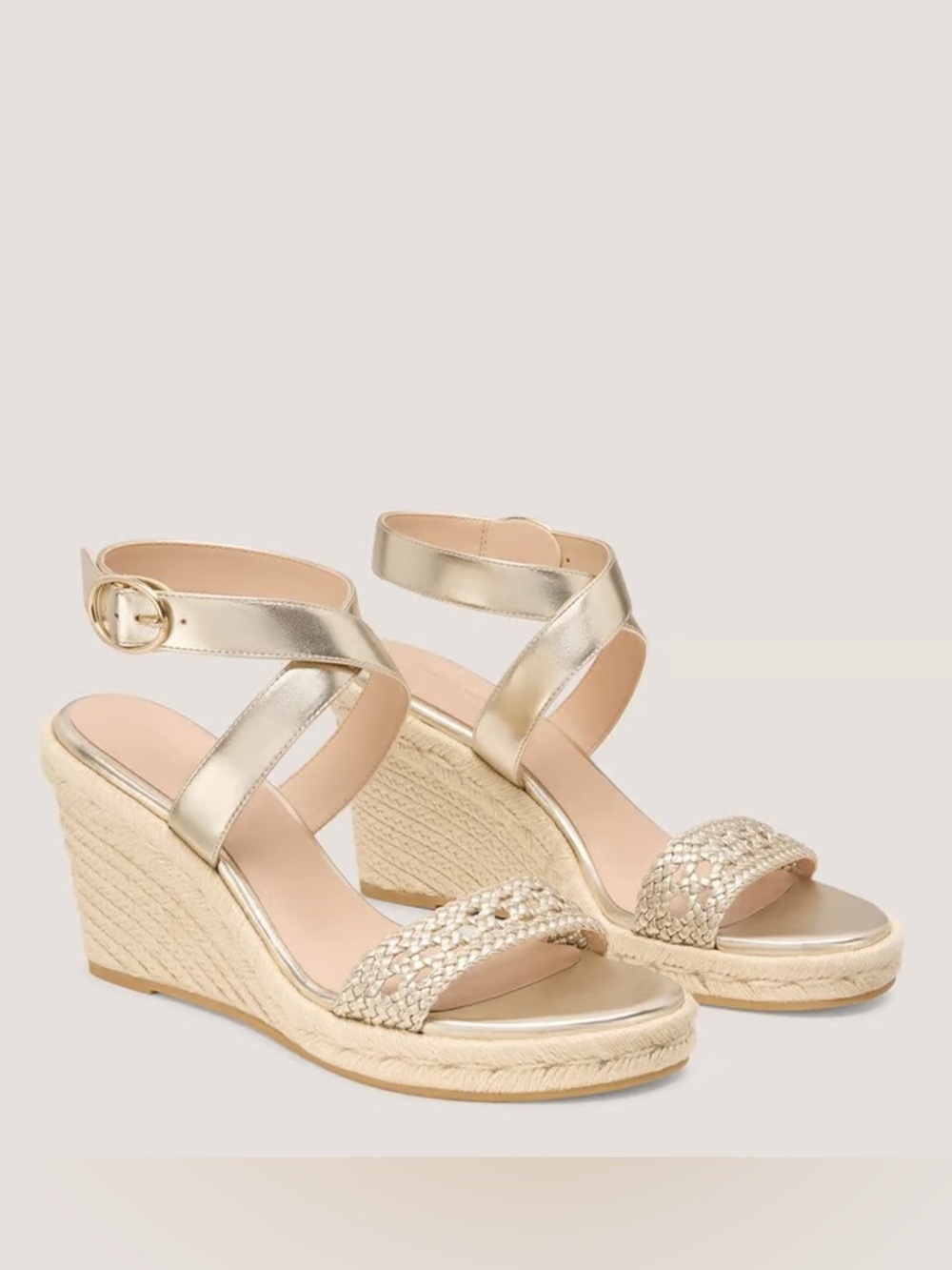 Stuart Weitzman AVIVA WOVEN ESPADRILLE WEDGE SANDAL Platino Gold Leather